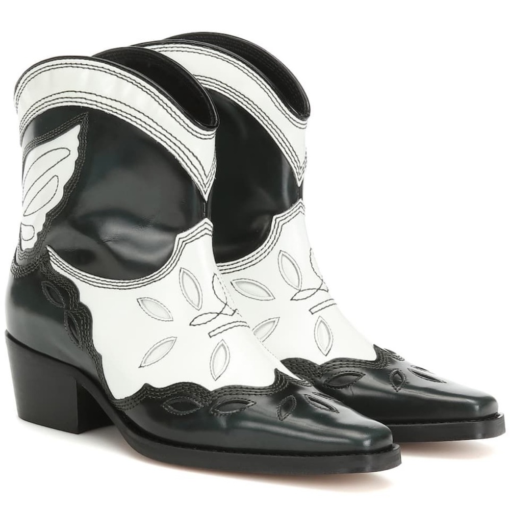 Ganni low Texas cowboy boots black and white butterfly design RARE 38